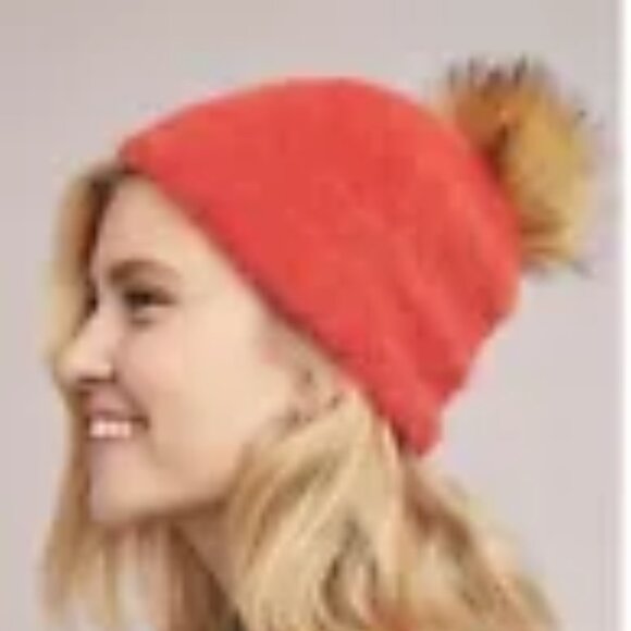 Anthropologie Accessories - Anthropologie Torri Pommed Beanie Hat Faux Fur Pompom Red Boho Warm Ski Snow